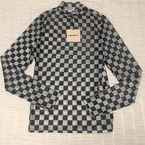 Top - black and white checked sheer top, Small